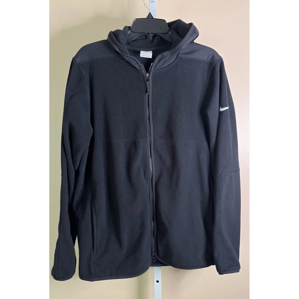 Nike Therma Fit Fleece Jacket Men L Black Sleeve Embroidered Logo Hood Full Zip